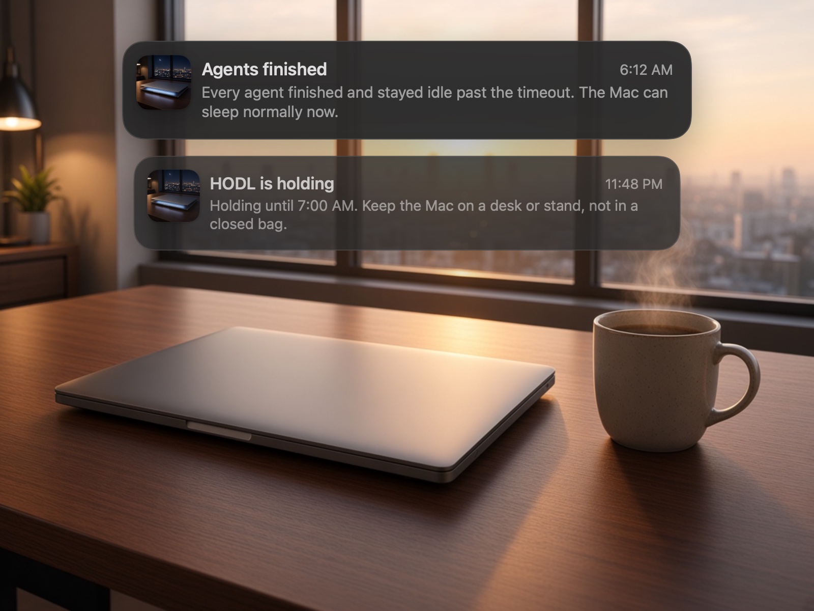 Sunrise over the city through the window, a closed MacBook and a steaming coffee mug on the desk, and two notifications: “Agents finished” at 6:12 AM, and “HODL is holding” from 11:48 PM the night before.