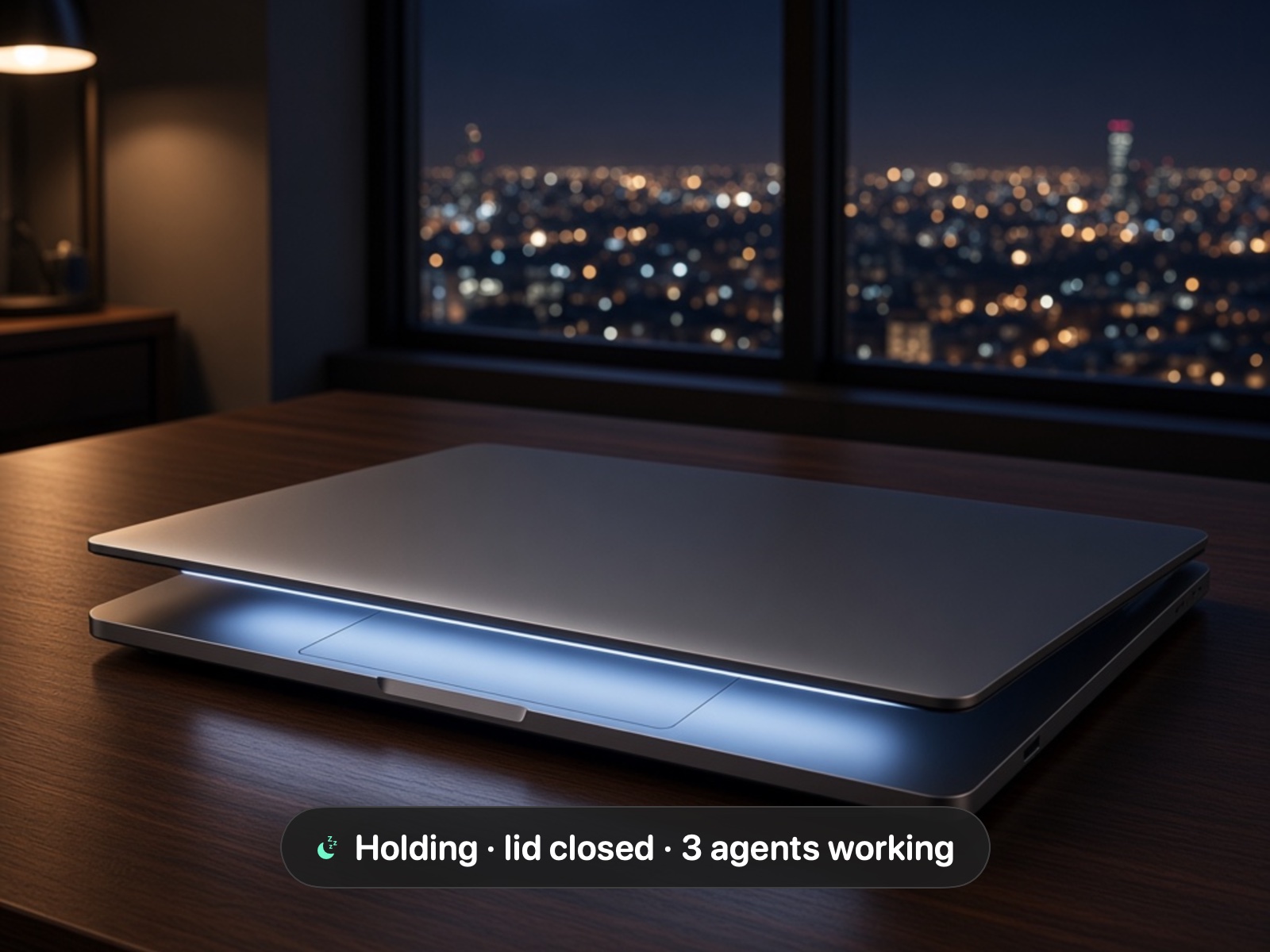 A closed MacBook on a desk in a dim room, screen light glowing from the gap under its lid, city lights in the window behind, and a pill reading “Holding · lid closed · 3 agents working”.